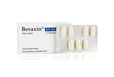 BERAXIN 500 MG 7 FILM TABLET kutu fotoğrafı, film kaplı tablet formunda levofloksasin içerir. Üretici: BERKO İLAÇ VE KİMYA SAN. A.Ş.