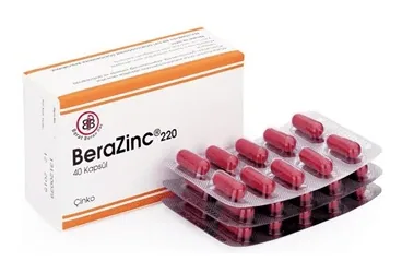 Çinko sülfat içeren kapsül: BERAZINC 50 MG 40 KAPSUL ambalajı. Üretici: BERAT BERAN İLAÇ SAN. VE TİC. LTD. ŞTİ.