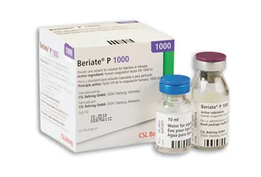 BERIATE 1000 IU IV ENJEKSIYONLUK / INFUZYONLUK LIYOFILIZE TOZ VE COZUCUSU ürün ambalajı. Anti hemofilik faktör 8 içeren enjeksiyonluk ürün. Üretici: CSL BEHRİNG BİYOTERAPİ İLAÇ DIŞ TİCARET ANONİM ŞİRKETİ.