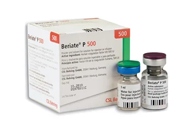 Anti hemofilik faktör 8 içeren enjeksiyonluk ürün: BERIATE 500 IU IV ENJEKSIYONLUK / INFUZYONLUK LIYOFILIZE TOZ VE COZUCUSU ambalajı. Üretici: CSL BEHRİNG BİYOTERAPİ İLAÇ DIŞ TİCARET ANONİM ŞİRKETİ.