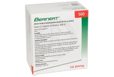 BERINERT P 500 IU/10 ML IV ENJEKSIYONLUK COZELTI ICIN TOZ VE COZUCU (c1 esteraz inhibitörü) ürün ambalajı, çözelti. Üretici: CSL BEHRİNG BİYOTERAPİ İLAÇ DIŞ TİCARET ANONİM ŞİRKETİ.