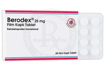 Deksketoprofen içeren film kaplı tablet: BERODEX 25 MG FİLM KAPLI TABLET (20 TABLET) kutusu. Üretici: BERAT BERAN İLAÇ SAN. VE TİC. LTD. ŞTİ.