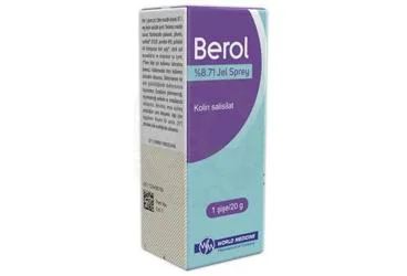 BEROL % 8,71 JEL SPREY (1 SISE) kutusu. Kolin salisilat içeren jel. Üretici: WORLD MEDICINE İLAÇ SAN. VE TİC. A.Ş.