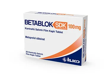 Metoprolol içeren film kaplı tablet: BETABLOK SDK 100 MG KONTROLLU SALIMLI 20 FILM TABLET ürün ambalajı. Üretici: İLKO İLAÇ SAN. VE TİC. A.Ş.