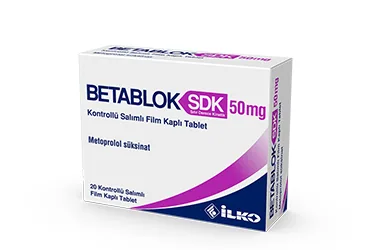 BETABLOK SDK 50 MG KONTROLLU SALIMLI 20 FILM TABLET (metoprolol) kutusu, film kaplı tablet. Üretici: İLKO İLAÇ SAN. VE TİC. A.Ş.