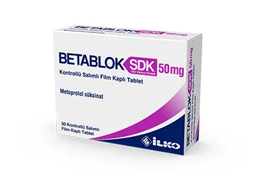 Metoprolol içeren film kaplı tablet: BETABLOK SDK 50 MG KONTROLLU SALIMLI 30 FILM TABLET kutu fotoğrafı. Üretici: İLKO İLAÇ SAN. VE TİC. A.Ş.