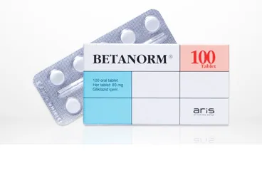 BETANORM 80 MG 100 TABLET kutusu, tablet formunda gliklazid içerir. Üretici: ALİ RAİF İLAÇ SANAYİ A.Ş.