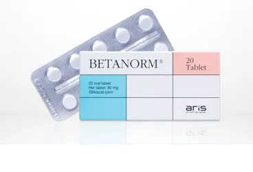 BETANORM 80 MG 20 TABLET kutusu, tablet formunda gliklazid içerir. Üretici: ALİ RAİF İLAÇ SANAYİ A.Ş.