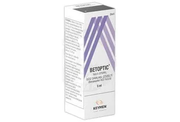 BETOPTIC % 0,5 STERIL GOZ DAMLASI, COZELTI (5 ML) ürün ambalajı, göz damlası formunda betaksolol hcl içerir. Üretici: KEYMEN İLAÇ SANAYİ VE TİCARET A.Ş.
