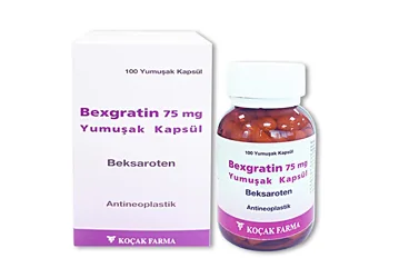 Beksaroten içeren yumuşak kapsül: BEXGRATIN 75 MG 100 YUMUSAK KAPSUL ürün ambalajı. Üretici: KOÇAK FARMA İLAÇ VE KİMYA SANAYİ A.Ş.