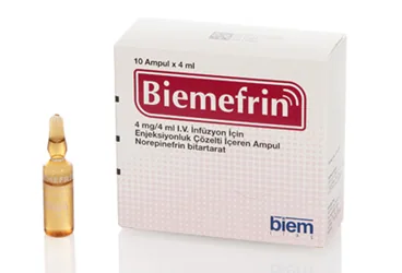 BIEMEFRIN 4 MG/4 ML IV INFUZYON ICIN ENJEKSIYONLUK COZELTI ICEREN 10 AMPUL (noradrenalin) ürün ambalajı, çözelti. Üretici: BİEM İLAÇ SAN. VE TİC. A.Ş.