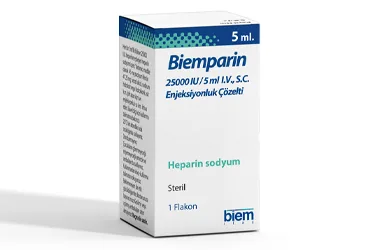 Heparin içeren çözelti: BIEMPARIN 25000 IU/5 ML IV ENJEKSIYONLUK COZELTI ICEREN 1 FLAKON ürün ambalajı. Üretici: BİEM İLAÇ SAN. VE TİC. A.Ş.