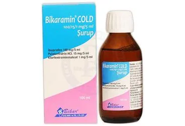 BIKARAMIN COLD 100/15/1 MG/5ML SURUP (100ML) ürün ambalajı. Psödoefedrin kombinasyon içeren şurup. Üretici: BİKAR İLAÇ SANAYİ VE TİCARET ANONİM ŞİRKETİ.