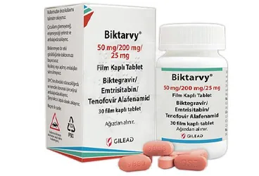 Emtrisitabin + tenofovir alafenamid + biktegravir içeren film kaplı tablet: BIKTARVY 50 MG/200 MG/25 MG FILM KAPLI TABLET (30 TABLET) kutusu. Üretici: GİLEAD SCİENCES İLAÇ TİCARET LTD. ŞTİ.