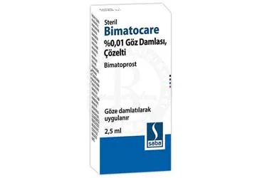 BIMATOCARE % 0.01 GOZ DAMLASI, COZELTI (2,5 ML) ürün ambalajı, göz damlası formunda bimatoprost içerir. Üretici: SABA İLAÇ SANAYİİ VE TİCARET ANONİM ŞİRKETİ.