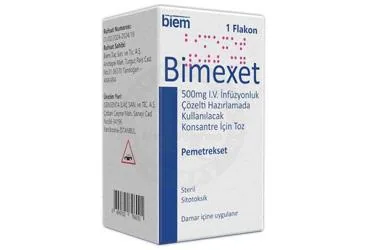 Pemetrekset disodyum içeren çözelti: BIMEXET 500 MG IV INFUZYONLUK COZELTI HAZIRLAMADA KULLANILACAK KONSANTRE ICIN TOZ (1 FLAKON) kutu fotoğrafı. Üretici: BİEM İLAÇ SAN. VE TİC. A.Ş.