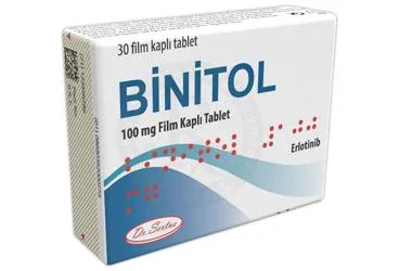 BINITOL 100 MG FILM KAPLI TABLET (30 TABLET) ürün ambalajı, film kaplı tablet formunda erlotinib içerir. Üretici: DR. SERTUS İLAÇ SAN. VE TİC. LTD. ŞTİ.