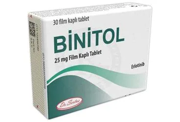 Erlotinib içeren film kaplı tablet: BINITOL 25 MG FILM KAPLI TABLET (30 TABLET) kutu fotoğrafı. Üretici: DR. SERTUS İLAÇ SAN. VE TİC. LTD. ŞTİ.