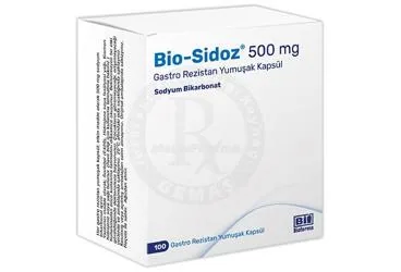 BIO-SIDOZ 500 MG GASTRO REZISTAN YUMUSAK KAPSUL (100 KAPSUL) kutu fotoğrafı. Sodyum bikarbonat içeren yumuşak kapsül. Üretici: BİOFARMA İLAÇ SANAYİ VE TİCARET A.Ş.