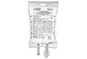 Dekstroz + sodyum klorur içeren solüsyon: BIOFLEKS %5 DEKSTROZ %0.2 SODYUM KLORUR 500 ML SOLUSYON (PVC TORBA) SETSIZ ambalajı. Üretici: OSEL İLAÇ SANAYİ VE TİCARET ANONİM ŞİRKETİ.