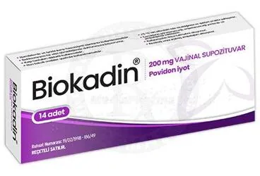 BIOKADIN VAG 0,2 GR 14 SUPOZITUAR (iodine vajinal) ürün ambalajı, supozituvar. Üretici: KANSUK LABORATUARI SANAYİ VE TİCARET A.Ş.