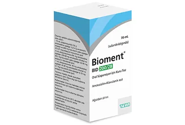 BIOMENT BID 200/28 ORAL 70 ML SUSPANSIYON (amoksisilin + klavulanik asit) kutusu, oral süspansiyon. Üretici: TEVA İLAÇLARI SANAYİ VE TİCARET A.Ş.