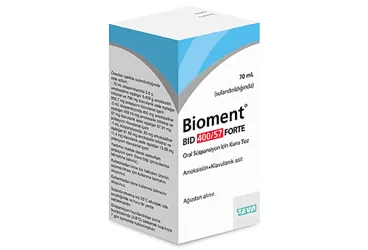 Amoksisilin + klavulanik asit içeren oral süspansiyon: BIOMENT BID FORTE 400/57 70 ML ORAL SUSPANSIYON ürün ambalajı. Üretici: TEVA İLAÇLARI SANAYİ VE TİCARET A.Ş.