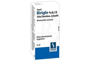 BIRIGLO %0,15 GOZ DAMLASI, COZELTI (5 ML) (brimonidin tartarat) ambalajı, göz damlası. Üretici: SABA İLAÇ SANAYİİ VE TİCARET ANONİM ŞİRKETİ.