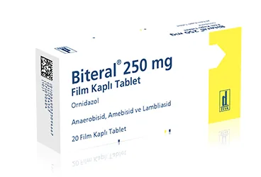Ornidazol içeren film kaplı tablet: BITERAL 250 MG 20 FİLM KAPLI TABLET ürün ambalajı. Üretici: DEVA HOLDİNG ANONİM ŞİRKETİ.