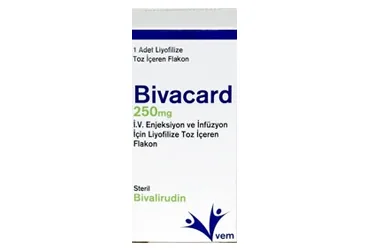 Bivalirudin içeren flakon: BIVACARD 250 MG IV ENJ. VE INF. ICIN LIYO. TOZ ICEREN 1 FLAKON ambalajı. Üretici: VEM İLAÇ SAN. VE TİC. ANONİM ŞİRKETİ.