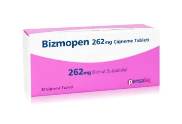 BIZMOPEN 262 MG 30 CIGNEME TABLETI (bizmut) ürün ambalajı, çiğneme tableti. Üretici: DİNÇSA İLAÇ SAN. VE TİC. A.Ş.