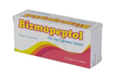 Bizmut içeren çiğneme tableti: BIZMOPEPTOL 262 MG 30 CIGNEME TABLETI kutu fotoğrafı. Üretici: DİNÇTAŞ İLAÇ SANAYİ VE TİCARET ANONİM ŞİRKETİ.
