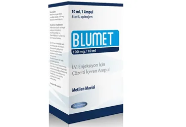 Metilen mavisi içeren çözelti: BLUMET 100 MG/10 ML IV ENJEKSIYON ICIN COZELTI ICEREN 1 AMPUL ürün ambalajı. Üretici: VEM İLAÇ SAN. VE TİC. ANONİM ŞİRKETİ.