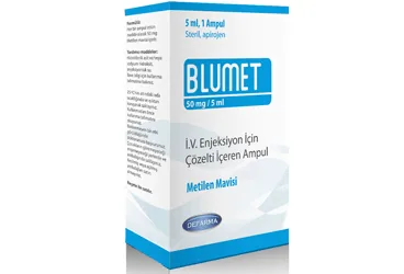 Metilen mavisi içeren çözelti: BLUMET 50 MG/5 ML IV ENJEKSIYON ICIN COZELTI ICEREN 1 AMPUL ürün ambalajı. Üretici: VEM İLAÇ SAN. VE TİC. ANONİM ŞİRKETİ.