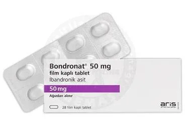 BONDRONAT 50 MG FILM KAPLI TABLET (28 FILM TABLET) (ibandronik asit) kutusu, film kaplı tablet. Üretici: ALİ RAİF İLAÇ SANAYİ A.Ş.