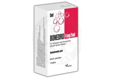 BONEDRO 4 MG/5 ML IV INFUZYON ICIN KONSANTRE COZELTI ICEREN 1 FLAKON ambalajı, çözelti formunda zoledronik asit monohidrat içerir. Üretici: VEM İLAÇ SAN. VE TİC. ANONİM ŞİRKETİ.