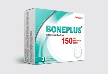 BONEPLUS 150 MG 3 EFERVESAN TABLET kutusu. Risedronate sodium içeren efervesan tablet. Üretici: NEUTEC İLAÇ SANAYİ TİCARET ANONİM ŞİRKETİ.