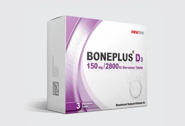 BONEPLUS D3 150 MG/2800 IU 3 EFERVESAN TABLET ambalajı, efervesan tablet formunda risedronat + vitamin d3 içerir. Üretici: NEUTEC İLAÇ SANAYİ TİCARET ANONİM ŞİRKETİ.