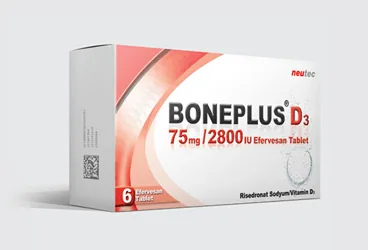 Risedronat + vitamin d3 içeren efervesan tablet: BONEPLUS D3 75 MG/2800 IU 6 EFERVESAN TABLET ambalajı. Üretici: NEUTEC İLAÇ SANAYİ TİCARET ANONİM ŞİRKETİ.