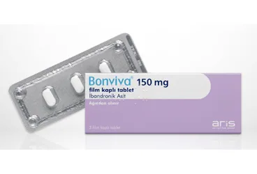 Ibandronik asit içeren film kaplı tablet: BONVIVA 150 MG FILM KAPLI TABLET 3 ADET ürün ambalajı. Üretici: ALİ RAİF İLAÇ SANAYİ A.Ş.
