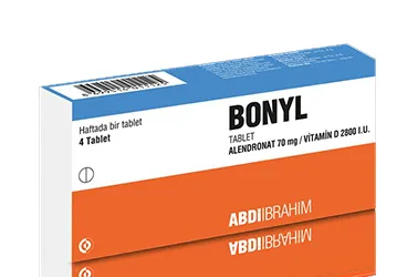 BONYL 70 MG/2800 IU TABLET, 12 ADET (alendronat sodyum trihidrat ve koleklasiferol) ambalajı, tablet. Üretici: ABDİ İBRAHİM İLAÇ SAN. VE TİC. A.Ş.