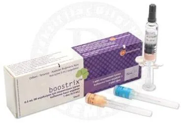 Difteri + boğmaca + tetanoz aşı içeren süspansiyon: BOOSTRIX 0,5 ML IM ENJEKSIYON ICIN SUSPANSIYON ICEREN KULLANIMA HAZIR ENJEKTOR ürün ambalajı. Üretici: GLAXOSMİTHKLİNE İLAÇLARI SAN. VE TİC. A.Ş.
