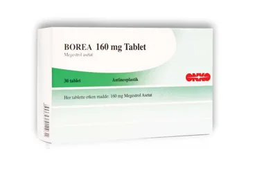 Megesterol asetat içeren tablet: BOREA 160 MG 30 TABLET ambalajı. Üretici: ONKO İLAÇ SANAYİ VE TİCARET ANONİM ŞİRKETİ.