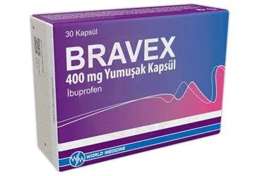 BRAVEX 400 MG YUMUSAK KAPSUL (30 KAPSUL) ambalajı. Ibuprofen içeren yumuşak kapsül. Üretici: WORLD MEDICINE İLAÇ SAN. VE TİC. A.Ş.