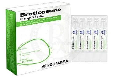 BRETICASONE 2 MG/2 ML NEBULIZASYON SUSPANSIYONU kutusu, süspansiyon formunda flutikazon -inhalant içerir. Üretici: POLİFARMA İLAÇ SAN. VE TİC. A.Ş.
