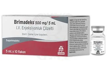 BRIMADEKS 500 MG/5 ML I.V. ENJEKSIYONLUK COZELTI kutusu, çözelti formunda sugammadeks içerir. Üretici: POLİFARMA İLAÇ SAN. VE TİC. A.Ş.