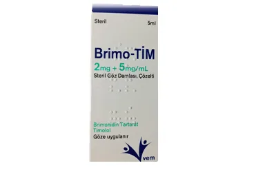 BRIMO-TIM 2 MG + 5 MG / ML STERIL GOZ DAMLASI, COZELTI (timolol maleat + brimonidin) kutu fotoğrafı, göz damlası. Üretici: VEM İLAÇ SAN. VE TİC. ANONİM ŞİRKETİ.