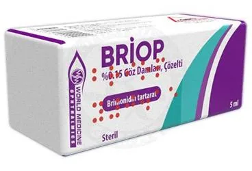 Brimonidin tartarat içeren göz damlası: BRIOP %0,15 GOZ DAMLASI, COZELTI (5 ML) kutusu. Üretici: WORLD MEDICINE OPHTHALMICS İLAÇLARI LİMİTED ŞİRKETİ.