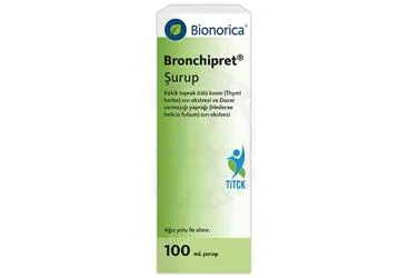 BRONCHIPRET SURUP (100 ML) kutu fotoğrafı. Kekik yaprağı + sarmaşık yaprağı ekstresi içeren şurup. Üretici: BİONORİCA İLAÇ TİCARET A.Ş.