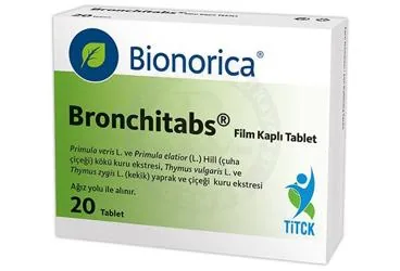 BRONCHITABS FILM KAPLI TABLET(20) kutu fotoğrafı, film kaplı tablet formunda soğuk algınlığı, grip tedavisi kombinasyon içerir. Üretici: BİONORİCA İLAÇ TİCARET A.Ş.